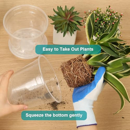 OUPSAUI 8/7/6 Inch Clear Nursery Pots with Drainage and Trays, 9 Pack Large Plastic Pots for Plant, Seedling Starter Pot, Garden Pots for Succulents Flower Vegetables Herb - size: 6/7/8 Inch