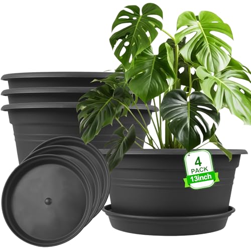 Large Flower Pots Set of 4 Pack 13 inch, Shallow Planter with Drainage Hole | Plant Pots Outdoor with Tray Saucer, Decor Plastic Pots for Plants for Indoor Outdoor Garden Home Plants Planter (Dark Gray) - color: Dark Gray, size: 13 Inch - 4Pack