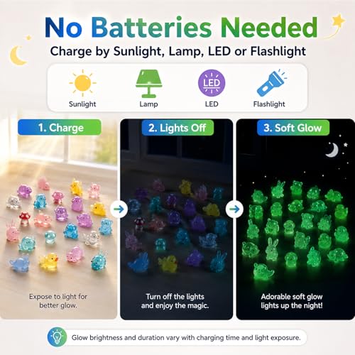 200PCS Mini Resin Animals Variety Pack Glow in The Dark, Miniature Figurines in Bulk & Tiny Ducks, Mini Figures to Hide, Fairy Garden Accessories Outdoor, Desk Pets Toys, Small Little Plastic Animals