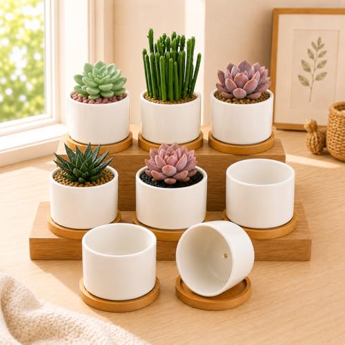 ZOUTOG 8 Pack 3.6" Ceramic Succulent Pots,White Planter with Drainage Tray - size: 8 pack