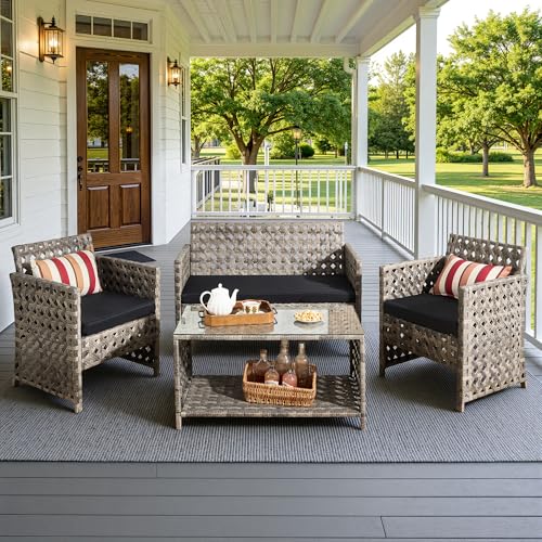 4-Piece Patio Furniture Set, All Weather Rustic Wicker Bistro Set, Outdoor Sofa Loveseat Chairs with Glass Table Conversation Sets for Balcony Porch Lane Garden, Black - color: Black