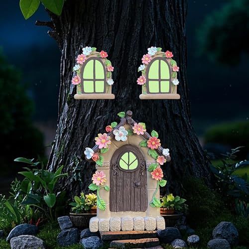 FESTGLOX Fairy Garden Door and Windows for Trees Outdoor, Glow in The Dark - color: Brown and Colorful Flowers