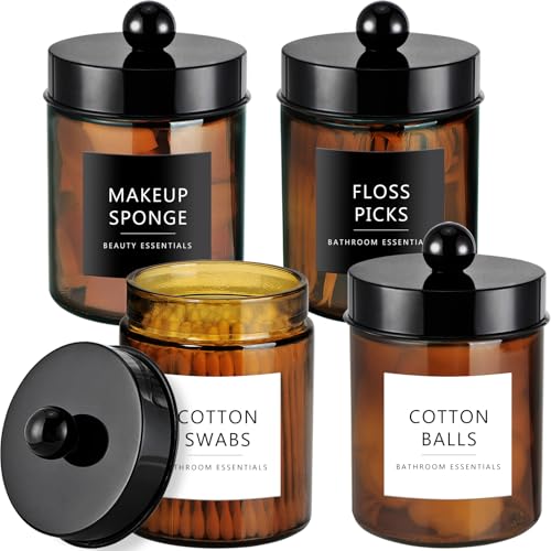 Amolliar Amber Glass Apothecary Jars Qtip Holder w/Plastic Lids,Black 4pc | for Bathroom Vanity Storage, Countertop, Farmhouse Style, Holds Cotton Swabs, Dental Floss, Makeup Sponges - color: Black P2, size: 4 Pack