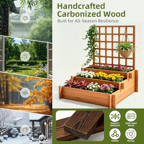 43" 3-Tier Fir Wood Raised Garden Bed Planter with Trellis | Fir wood tiered planter with trellis, liners, and 3 growing beds for flowers, herbs, veggies, vines, patio, or yard - color: 3-tier Raised Garden Bed With Trellis