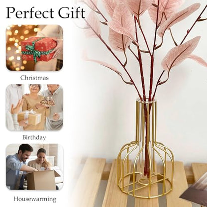 Metal Glass Plant Vase with Stand, Modern Decorative Glass Tube Planter for Tabletop, Home or Office Water Display Flower Vase
