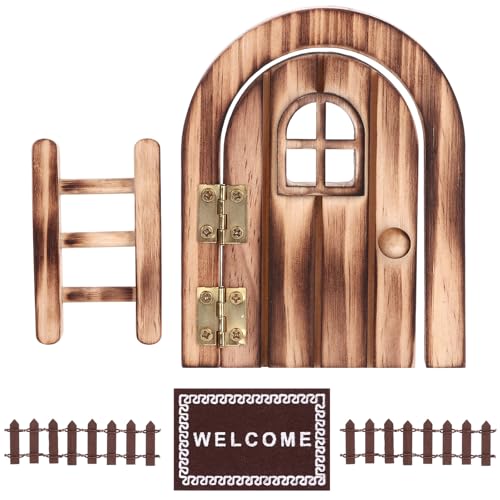 5 Pcs Mini Wooden Mouse Door Kit Elf Mouse Miniature Tiny Door with a Small Rug Ladder Wood Fence Elf Fairy Doo-r Kit Miniature Mou-se House with Ladder for DIY Craft Fairy Garden Outdoor Indoor Decor