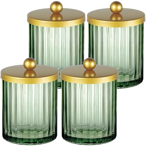 Amolliar Green Glass Qtip Holder Dispenser, Bathroom Canister, Gold 4 Pack | Apothecary Jar for Cotton Swabs, Cotton Balls, Floss Picks, Countertop Storage Organizer Container for Vanity, Bathroom Decor - color: Gold, size: 4 Pack