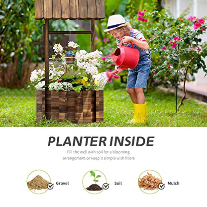 Oneinmil Wishing Well Planter for Yard, Outdoor Large Wooden Wishing Well with Hanging Bucket for Flower and Plants Wishing Well for Outside, Patio, Garden, Lawn Backyard Decor Upgrade Reinforced Base
