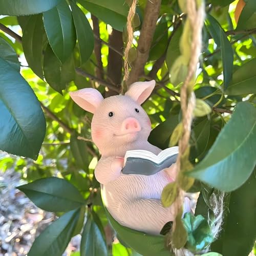 Reading Pig Garden Decor, 18 Inch Hanging Decoration with Leaf Cord, Pink Resin Pig Swing Statue, Cute Outdoor Gift for Patio, Tree Ornament - style: Reading Pig Swing