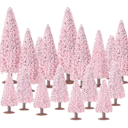 Skylety 20 Pcs Christmas Model Trees 4.72-2.17 Inch Pine Mixed Miniature Trees Small Artificial Cedar Plant for Train Scenery Architecture DIY Crafts Winter Building Model Scenery Landscape(Pink) - color: Pink