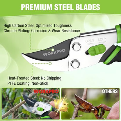 WORKPRO 8.5" Bypass Pruning Shears, Garden Shears with Non-Slip Grip Handle | Heavy Duty Garden Clippers with High Carbon Steel for Branches, Flowers, Fruits, Plants, Gardening Gifts for Women Men