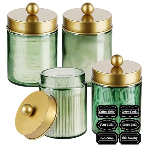 Amolliar Glass Apothecary Jar Qtip Holder Metal Lids 4pc/Green-golden | Bathroom Decor Countertop Vanity Storage Organizer Set for q tip holder,Cotton Swabs/Rounds,Makeup Sponges,Cute Stickers - color: Green-Gold Lid P1