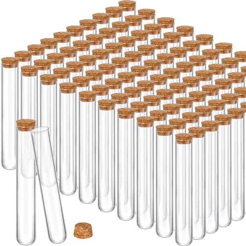 Thyle 100PCS Glass Test Tubes with Cork Clear Stoppers Round Bottom Lab Test Alcohol Tampons Glass Tubes Container Vials for Plants Scientific Experiments Candy Storage Party Favors (30x200mm/100ml) - size: 30x200mm/100ml