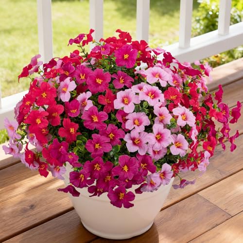 12 Bundles Artificial Flowers for Outdoors UV Resistant Fake Morning Glory - color: Rose Red,magenta,pink
