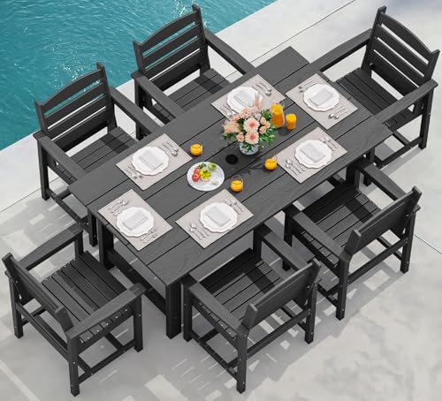 SERWALL 7 Pcs Outdoor Dining Set, 67" HDPE Dining Set for 6, Black - color: Black, size: 7-Piece (1 Table + 6 Chairs)