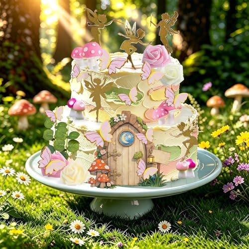 30 PCS Fairy Cake Toppers Fairy Garden Cake Decorations with Gold Fairies | Mushroom Door, Pink Butterfly Toppers, Foam Flowers for Girls Birthday Baby Shower Woodland Party Decor