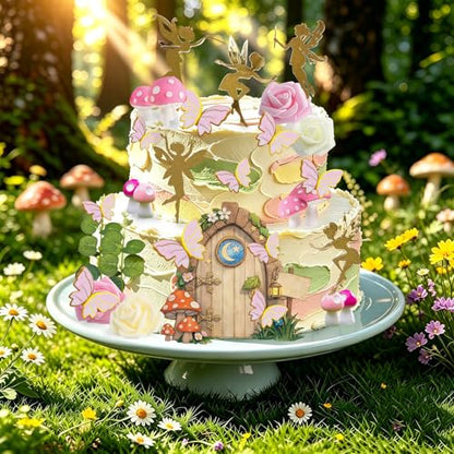 30 PCS Fairy Cake Toppers Fairy Garden Cake Decorations with Gold Fairies | Mushroom Door, Pink Butterfly Toppers, Foam Flowers for Girls Birthday Baby Shower Woodland Party Decor