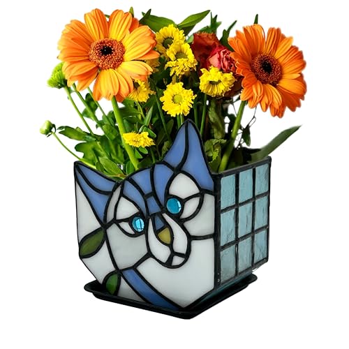 Stained Glass Cat Flower Pot,Cute Pots for Plants,Small Plant Pot with Unique Cat Face Design,Tiltable Terrarium Decoration,4.6x3x5.15 in(Excluding Plants) - color: Purple — White