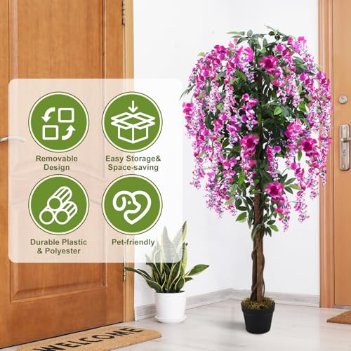 5ft Artificial Wisteria Tree, Tall Faux Flowering Plant, Rosy Pink, 1 Pack - color: Rosy Pink