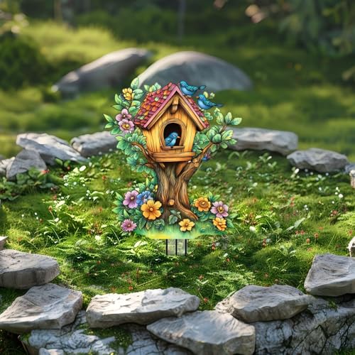 House Garden Stakes Decor Yard Acrylic - 2D Spring Garden Acrylic Sign Decoration, Yard Art, Gift for Nature Lovers, for Indoor & Outdoor Flower Pots, Yard, Mini Gardens & Lawn (5.9”x5.9”) Y36