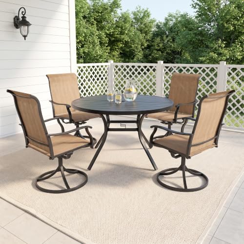 Anmutig 5 Piece Patio Dining Set, 48" Round Table & 4 Swivel Chairs, Brown | Weather-Resistant Textilene, Powder-Coated Steel Frame, Umbrella Hole, Easy Assembly, Balcony, Garden, Backyard, Poolside - color: Brown, size: Table-48"*48", style: Arm Style2