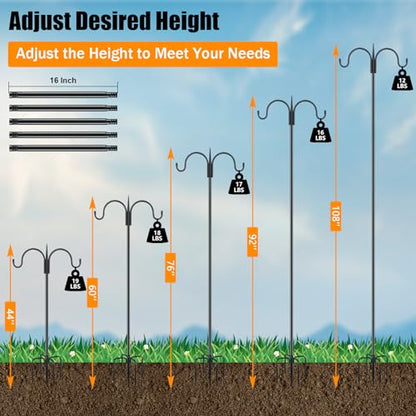 Heavy Duty Shepherds Hook 2 Pack 108" Double Hooks Adjustable (44/60/76/92/108") - Metal 5-Prong Base, 12lb Capacity - Bird Feeder Pole for Hanging Planters, Lanterns, Wind Chimes - size: 108 Inch(Pack of 2)
