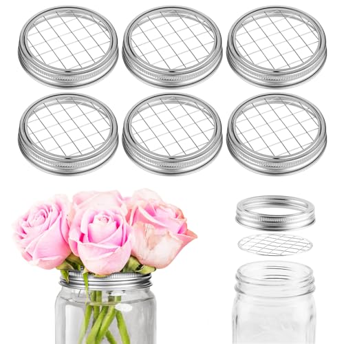 Cosmos 6 Sets Mason Flower Jar Frog Lid Flower Insert Lid Organizer Canning Jars Arrangement Holder with Metal Grid Display Mason Jars Cover for Wide Mouth 86mm Mason Jars
