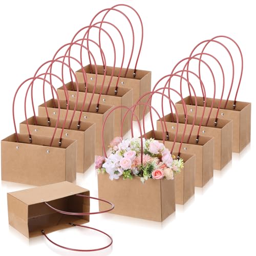 Limbeuuu 16-Pack Brown Paper Flower Gift Bags, Brown Bouquet Bag Box with Handle, Small Paper Carrier Tote Bags with Waterproof Lining for Floral Arrangements, Party Favor, Ultra Thick