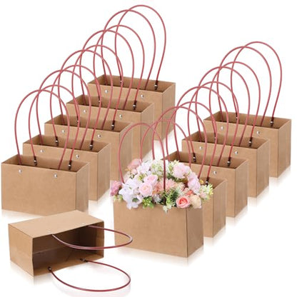 Limbeuuu 16-Pack Brown Paper Flower Gift Bags, Brown Bouquet Bag Box with Handle, Small Paper Carrier Tote Bags with Waterproof Lining for Floral Arrangements, Party Favor, Ultra Thick