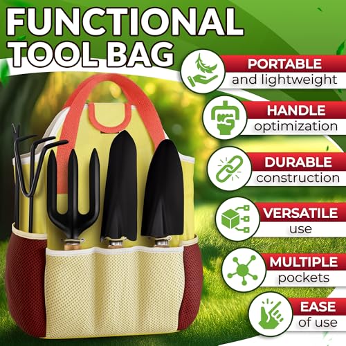 10 Pcs Gardening Tool Set for Women, Rust-Resistant Steel, Tote Bag | Garden Tools Set for Plant Care, Digging, Planting & Potting; Ergonomic Handles, Gloves & Spray Bottle; Gift for Plant Lovers - color: Yellow Set of 10