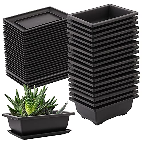 SEUNMUK 25 PCS 6.5 Inch Plastic Bonsai Training Pots,Thicken Rectangular Plastic Growing Pots, with 25 Trays for Garden, Bonsai Plants Growing Pot for Home, Office, Balcony, Garden and Yard
