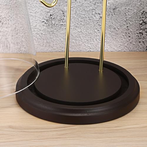 JUXYES Clear Glass Pocket Watch Display Dome Case with Base, 4x8 Inches | Clear Glass, Dust Proof, Bell Terrarium Jar with 2 Golden Hanging Hook, For Pocket Watch Collectors and Antique Enthusiasts - color: Gold/Dark Red