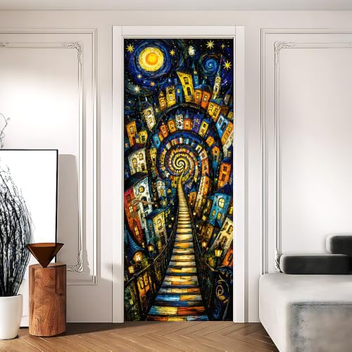 Starry Town Door Sticker, Peel & Stick Door Cover, 30.3x78.7in - color: Colorful3254