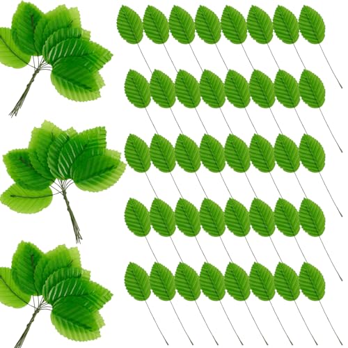 200Pcs Artificial Silk Green Leaves for DIY Crafts, Faux Rose Leaves Floral Arrangements Wedding Decorations with Wire Stems