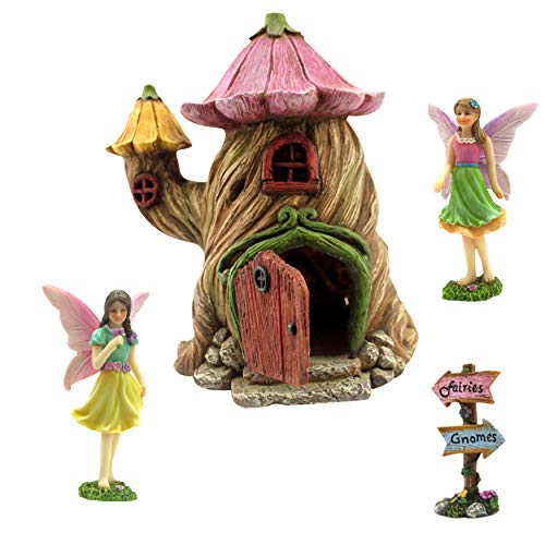 PRETMANNS Fairy Garden House Kit for Outside with Fairies, 7 Inch | Hand-painted resin; 2 fairy figurines plus a signpost; door opens; outdoor and indoor decor