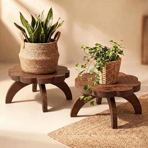 Novabright 2 Pcs Scalloped Short Plant Stand Small Wood Plant Stool Low Wood Riser Pedestal Display Decor Indoor Outdoor Rustic Farmhouse Table Balcony Decor Board Flower Holder Rise(Rustic Color)