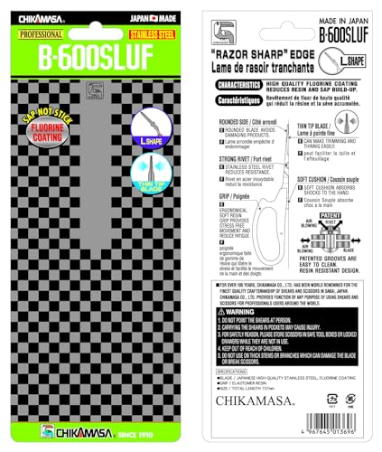 CHIKAMASA B-600SLUFB, The Precise Specialty Trimming Scissors, S/S L-Shape Blade, Fluorine Coating, for trimming plants and grapes, excellent for narrow stem-thinning inside closed and tangled spaces.