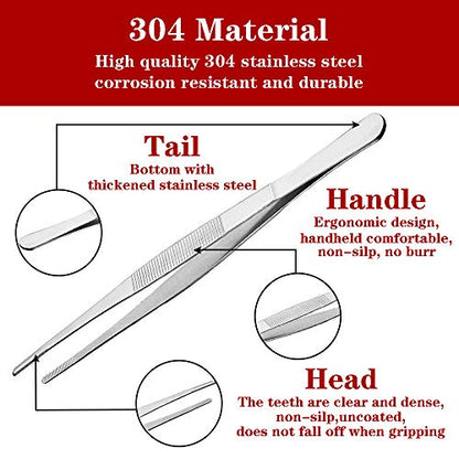 Kitchen Tweezers Tongs Stainless Steel 12 Inch Long Tweezers Heavy Duty large food tweezers with Precision Serrated Tips for Cooking (12" Straight) - size: 12" Straight
