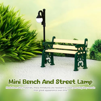 SEWACC Mini Bench and Miniature Street Lamp Set 1.96X1.37X0.90In Mini Furniture for Dollhouse Park Stool and Lamp Post Decor for Dollhouse Accessories and Garden Scene Layout