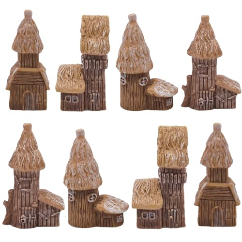 8Pcs Miniature Resin Thatched Wooden House Figurines