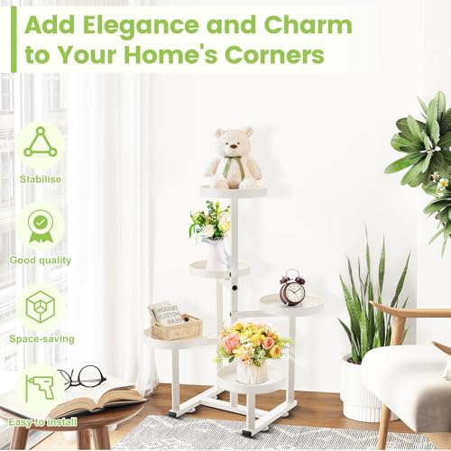 5 Tier Metal Heavy Duty Plant Stand Indoor Outdoor,27In Tall,White | 7.9In Pot,Save Space,Adjustable Foot Pad,Tiered Corner Plant Holders for Multiple Plants,Patio,Garden,Living Room, Balcony