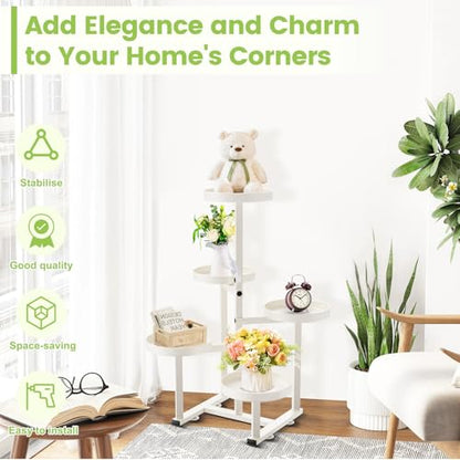 5 Tier Metal Heavy Duty Plant Stand Indoor Outdoor,27In Tall,White | 7.9In Pot,Save Space,Adjustable Foot Pad,Tiered Corner Plant Holders for Multiple Plants,Patio,Garden,Living Room, Balcony