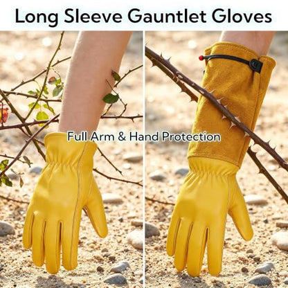 Thorn Proof Gardening Gloves for Women and Men, Breathable Long Sleeve Leather Gloves for Rose and Cactus Pruning, Heavy Duty Adjustable Cuff Garden Work Gloves, Ideal Gardening Gifts