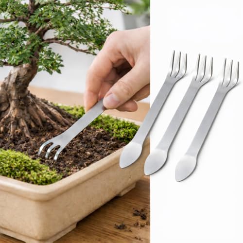 Stainless Steel Bonsai Rake Tool, 3-Prong Mini Root Soil Loosening Pick, Heavy Duty Hand Rake for Soil Aeration, Repotting & Root Care, Lightweight Garden Precision Tool (3 Pack)