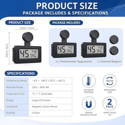 2 Pack Magnetic Reptile Thermometer Hygrometer,Fast-Read °F/°C Digital Temp&Humidity Gauge for Terrarium Tank Enclosure,for Bearded Dragon,Gecko,Snake, Tortoise,Hermit Crab,Jumping Spider (Black) - color: Black
