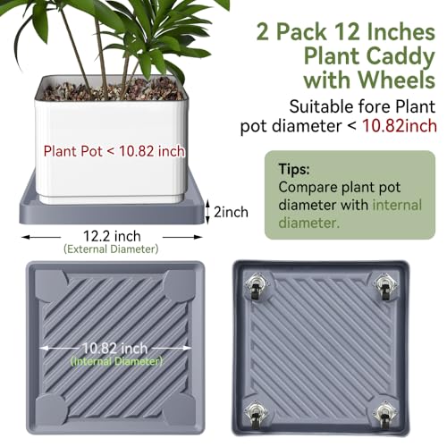 12.2" SquarePlant Caddy Beige with Hidden Wheels & Garden Tools Set | 2-Pack 250 LBS Heavy Duty Plant Caddy with 360° Silent Wheels for Large Planters & Heavy Items Indoors/Outdoors - size: 12.2 Inch - Grey (2 Pcs)