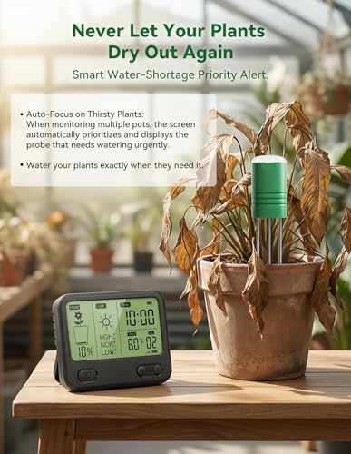 Nexuslab Wireless Soil Moisture Meter with LCD Receiver – 3‑Probe 3‑in‑1 Sensor (Moisture, Temperature, Light), 230 ft RF Range, Waterproof, Long Battery Life for Indoor/Outdoor Plants and Gardens - size: Main Unit + 2 Sensors