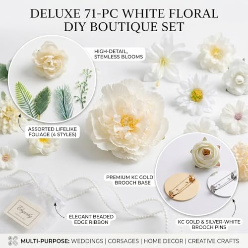 48 White Artificial Flowers, 12 Leaves, 1 Roll White Ribbon 4cm 50Yards, 10 Brooch Pins, DIY Floral Arrangement Set for Wedding Reception, Party, Graduation, Holiday Celebration - color: White