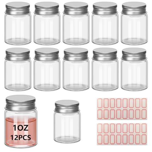 12Pcs 1.5"X 2" 30ml Small Glass Mini Jars with Metal Lids Message Bottle Terrarium Jar Tiny Wishing Bottles miniature Sand Art Bottles Sample for DIY Crafts 1OZ (12, 1OZ) - size: 1OZ