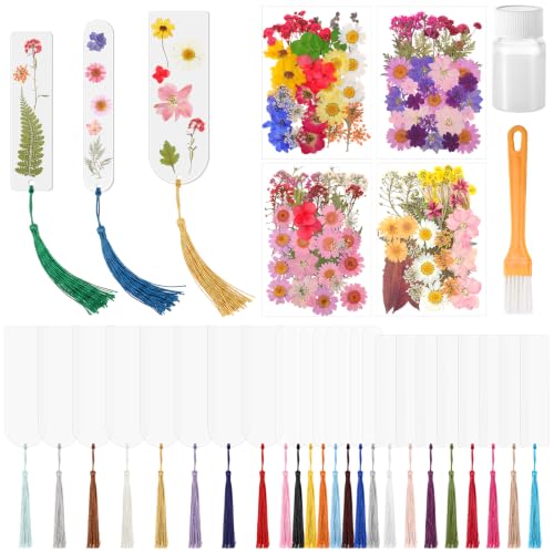 Eaasty 190 Pcs Pressed Flower Bookmark Making Kit, 24 Clear Acrylic Bookmarks with Tassels 140 Dried Floral with Adhesive Tools for Scrapbooking DIY Craft Gifts (Elegant) - style: Elegant
